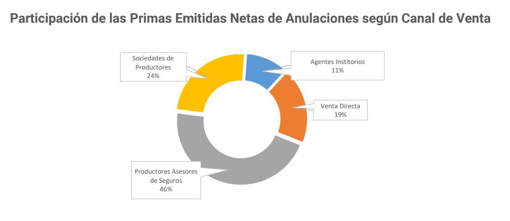 En la comparación con el ejercicio anterior, los productores de seguros pasaron de una participación del 45,3 % al 46 %, las sociedades del 22,9 % al 24 %, la venta directa disminuyó del 21,2 % al 19,1 %  y crecen ligeramente los agentes institorios del 10,6 % al 10,8 %.